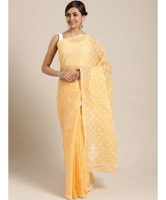 Ada Hand Embroidered Fawn Cotton Lucknow Chikan Women Saree with Blouse - A100133 1