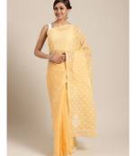 Ada Hand Embroidered Fawn Cotton Lucknow Chikan Women Saree with Blouse - A100133