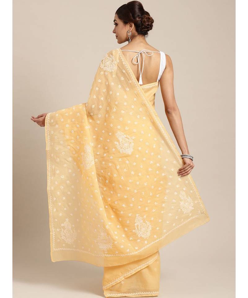 Ada Hand Embroidered Fawn Cotton Lucknow Chikan Women Saree with Blouse - A100133