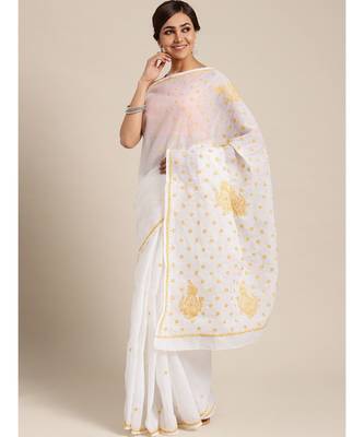 Ada Hand Embroidered White Cotton Lucknow Chikan Saree with Blouse 1