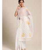 Ada Hand Embroidered White Cotton Lucknow Chikan Saree with Blouse