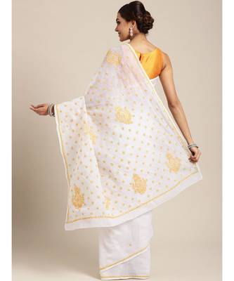 Ada Hand Embroidered White Cotton Lucknow Chikan Saree with Blouse 2