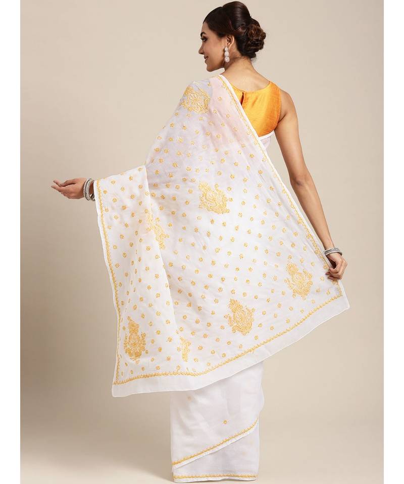 Ada Hand Embroidered White Cotton Lucknow Chikan Saree with Blouse
