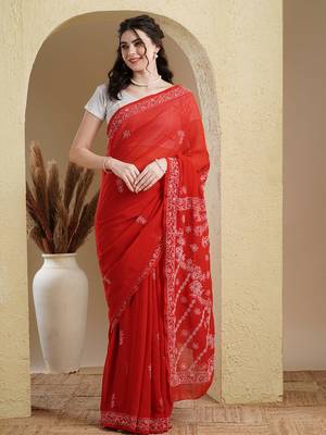 Ada Women Hand Embroidered Red Faux Georgette Lucknowi Chikankari Saree With Blouse - A183182 1