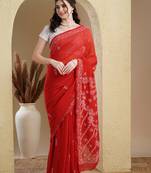 Ada Women Hand Embroidered Red Faux Georgette Lucknowi Chikankari Saree With Blouse - A183182