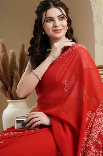 Ada Women Hand Embroidered Red Faux Georgette Lucknowi Chikankari Saree With Blouse - A183182