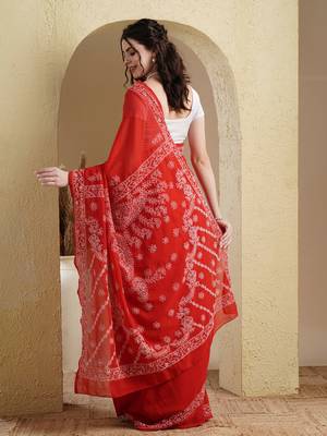 Ada Women Hand Embroidered Red Faux Georgette Lucknowi Chikankari Saree With Blouse - A183182 3