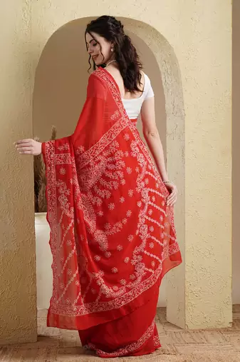 Ada Women Hand Embroidered Red Faux Georgette Lucknowi Chikankari Saree With Blouse - A183182