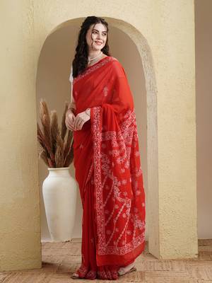 Ada Women Hand Embroidered Red Faux Georgette Lucknowi Chikankari Saree With Blouse - A183182 4