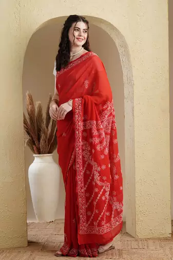 Ada Women Hand Embroidered Red Faux Georgette Lucknowi Chikankari Saree With Blouse - A183182