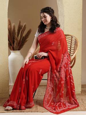 Ada Women Hand Embroidered Red Faux Georgette Lucknowi Chikankari Saree With Blouse - A183182 5