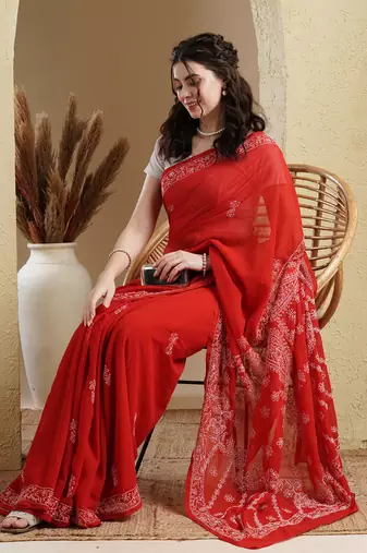 Ada Women Hand Embroidered Red Faux Georgette Lucknowi Chikankari Saree With Blouse - A183182