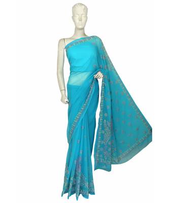 Ada Hand Embroidered Blue Faux Georgette Lucknow Chikan Saree With Blouse 1