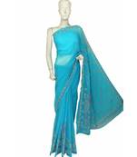 Ada Hand Embroidered Blue Faux Georgette Lucknow Chikan Saree With Blouse