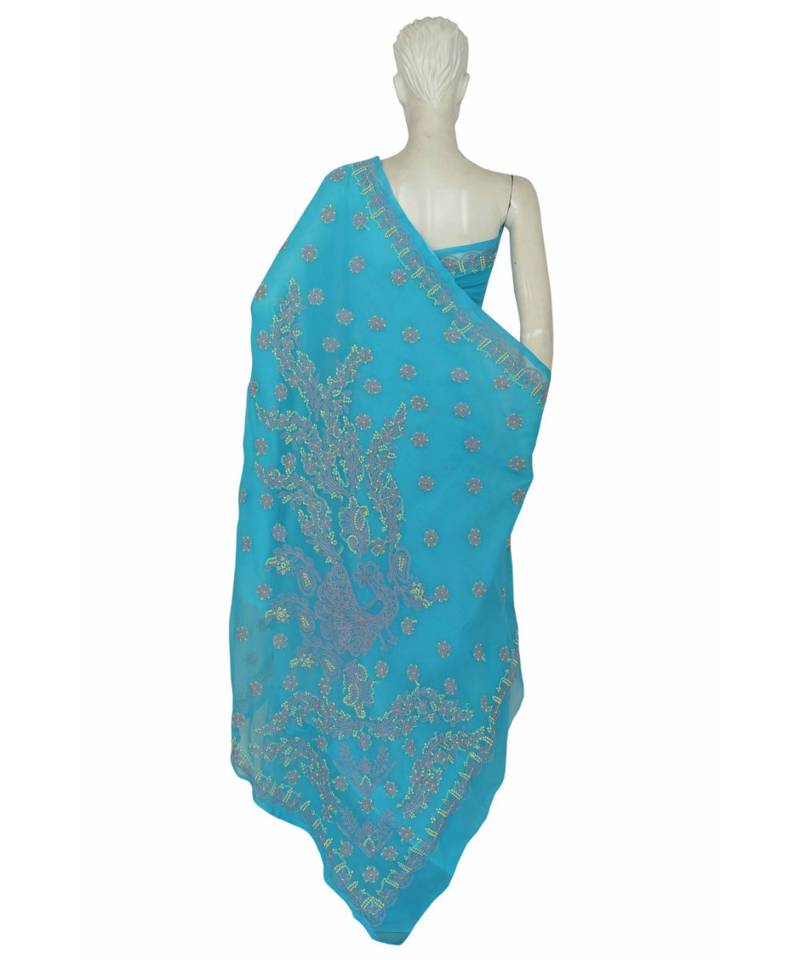 Ada Hand Embroidered Blue Faux Georgette Lucknow Chikan Saree With Blouse