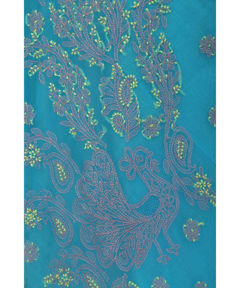 Ada Hand Embroidered Blue Faux Georgette Lucknow Chikan Saree With Blouse