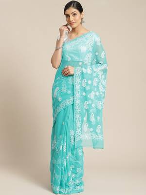 Ada Hand Embroidered Blue Faux Georgette Lucknowi Chikan Women Saree With Blouse - A129589 1