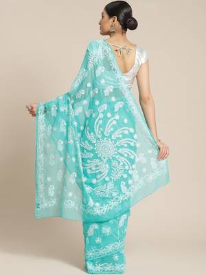 Ada Hand Embroidered Blue Faux Georgette Lucknowi Chikan Women Saree With Blouse - A129589 2