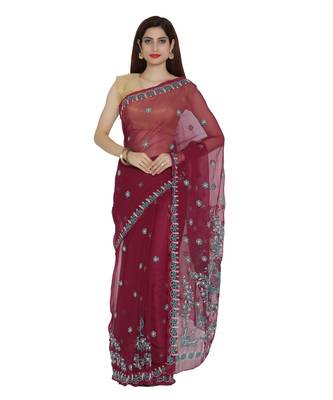 Ada Hand Embroidered Lucknow Chikan Maroon Faux Georgette Saree with Blouse 1
