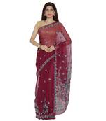 Ada Hand Embroidered Lucknow Chikan Maroon Faux Georgette Saree with Blouse