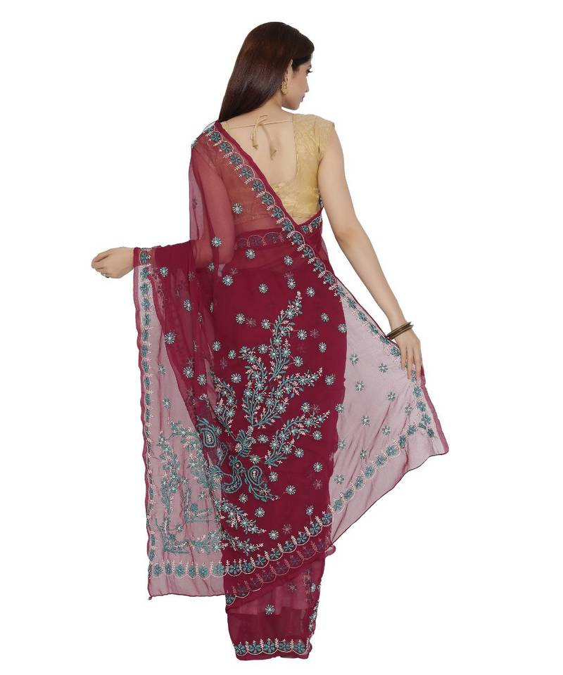 Ada Hand Embroidered Lucknow Chikan Maroon Faux Georgette Saree with Blouse