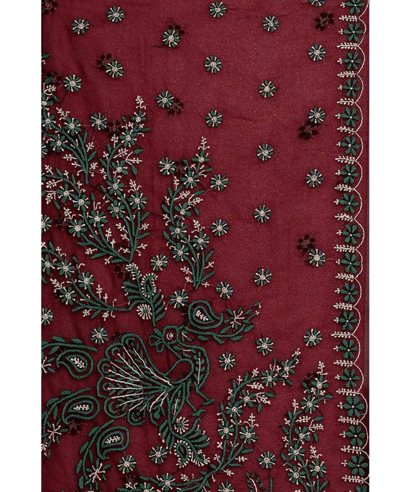 Ada Hand Embroidered Lucknow Chikan Maroon Faux Georgette Saree with Blouse
