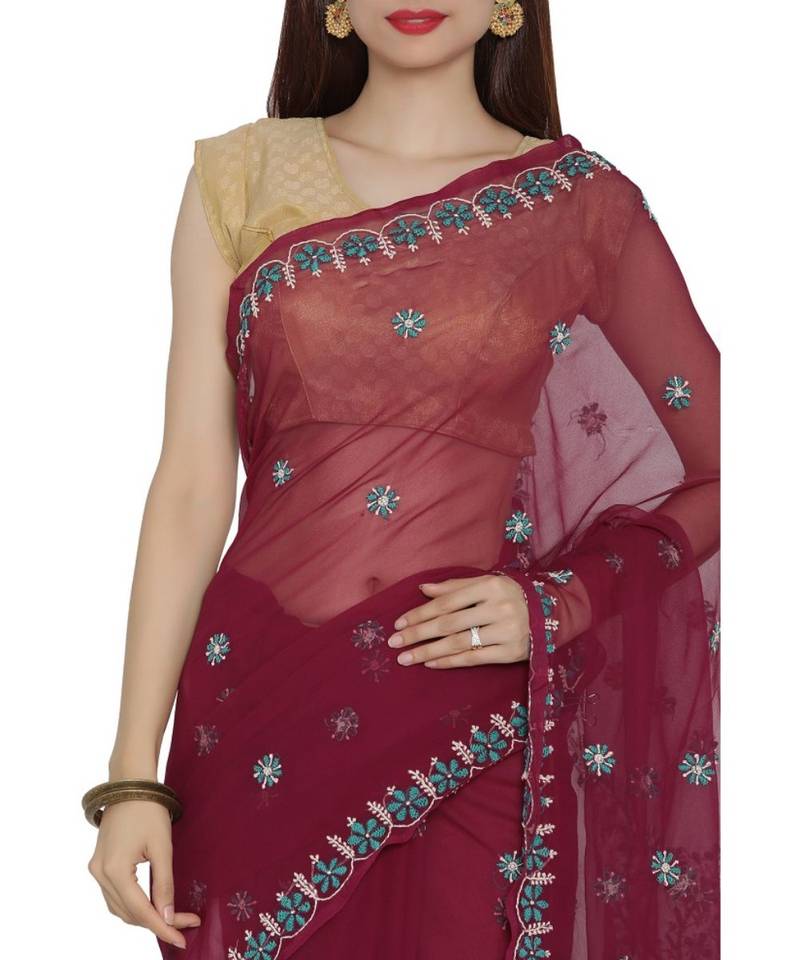 Ada Hand Embroidered Lucknow Chikan Maroon Faux Georgette Saree with Blouse
