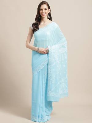 Hand Embroidered Lucknow Chikan Blue Faux Georgette Women Saree With Blouse 1