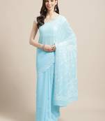 Hand Embroidered Lucknow Chikan Blue Faux Georgette Women Saree With Blouse
