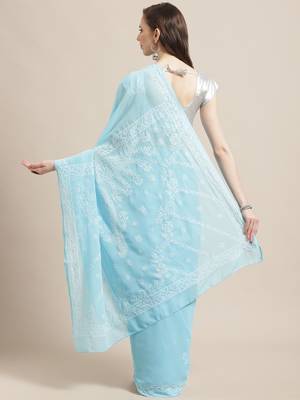 Hand Embroidered Lucknow Chikan Blue Faux Georgette Women Saree With Blouse 2