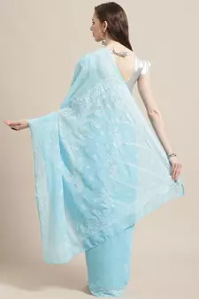 Hand Embroidered Lucknow Chikan Blue Faux Georgette Women Saree With Blouse