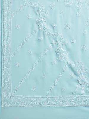 Hand Embroidered Lucknow Chikan Blue Faux Georgette Women Saree With Blouse 3