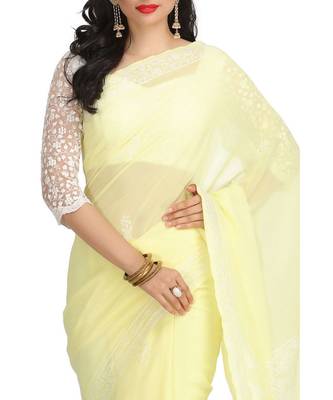 Ada Floral HAND EMBROIDERED LEMON GEORGETTE CHIKANKARI WOMEN SAREE WITH BLOUSE - A183216 1