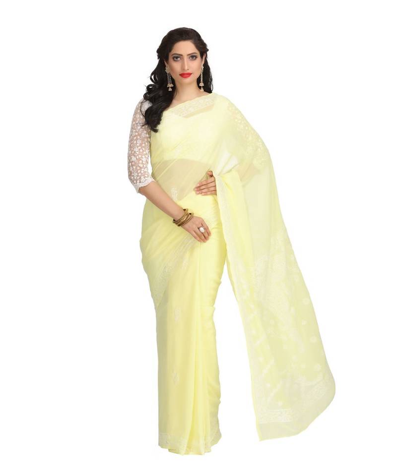 Ada Floral HAND EMBROIDERED LEMON GEORGETTE CHIKANKARI WOMEN SAREE WITH BLOUSE - A183216