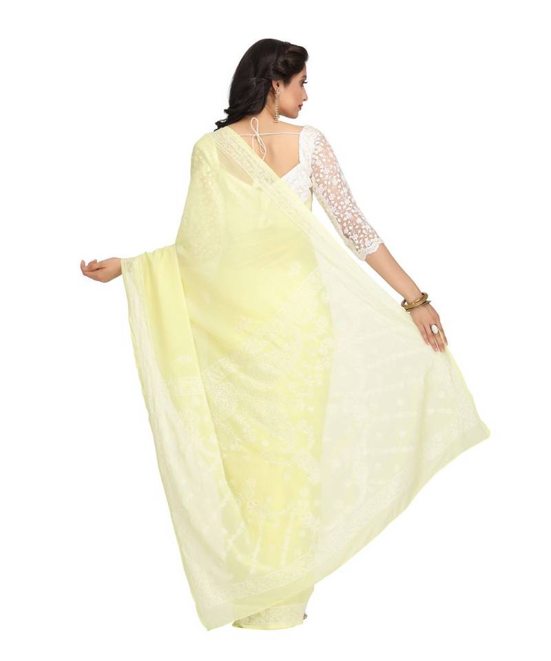 Ada Floral HAND EMBROIDERED LEMON GEORGETTE CHIKANKARI WOMEN SAREE WITH BLOUSE - A183216