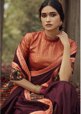 Raspberry embroidered dupion silk saree with blouse 3