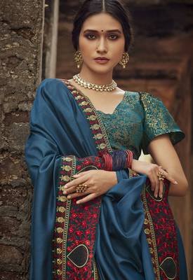 Teal embroidered dupion silk saree with blouse 2
