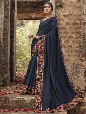 Navy blue embroidered dupion silk saree with blouse 1