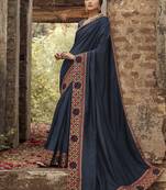 Navy blue embroidered dupion silk saree with blouse