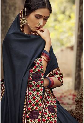 Navy blue embroidered dupion silk saree with blouse 2