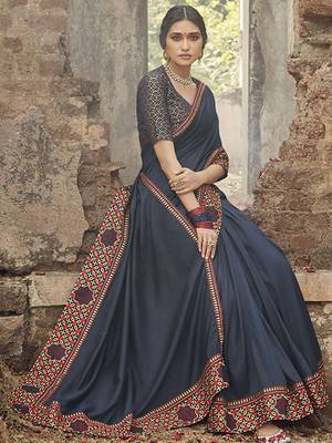 Navy blue embroidered dupion silk saree with blouse 3