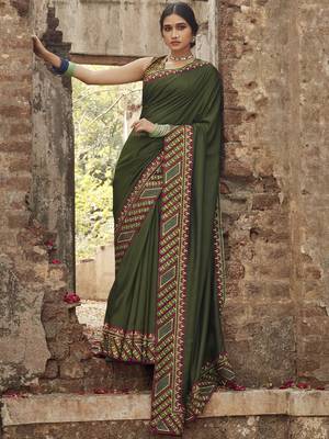 Mehendi embroidered dupion silk saree with blouse 1