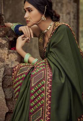 Mehendi embroidered dupion silk saree with blouse 2