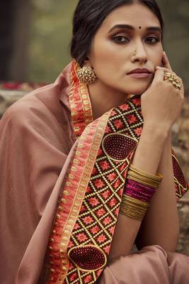 Peach embroidered dupion silk saree with blouse 2