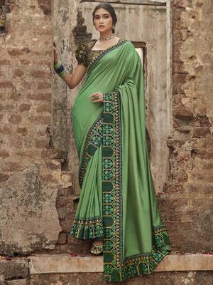 Light green embroidered dupion silk saree with blouse 1