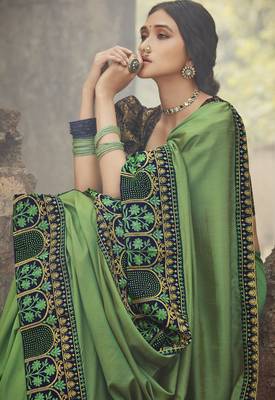 Light green embroidered dupion silk saree with blouse 2