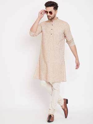 Beige woven pure cotton men-kurtas 1