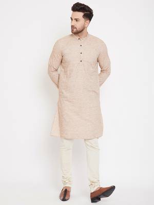 Beige woven pure cotton men-kurtas 2