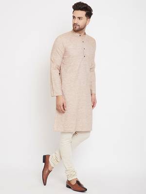Beige woven pure cotton men-kurtas 3