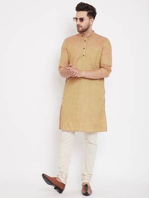 Beige woven pure cotton men-kurtas 1